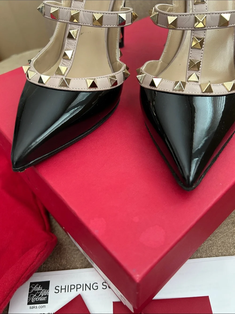 Valentino Black Patent Rockstud Strappy Pointed-Toe Heels with Nude Trim